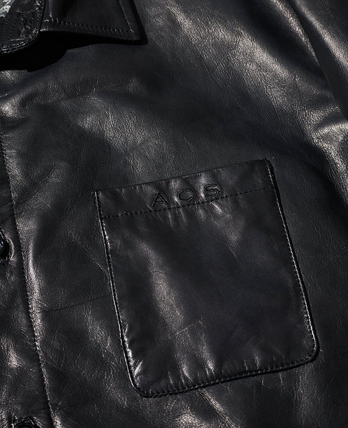 定価6.7万 ACANTHUS ブラウンレザーシャツ シワ加工 ラムレザー sankyo shokai ラムレザー ライダース ジャケット メンズ 秋冬