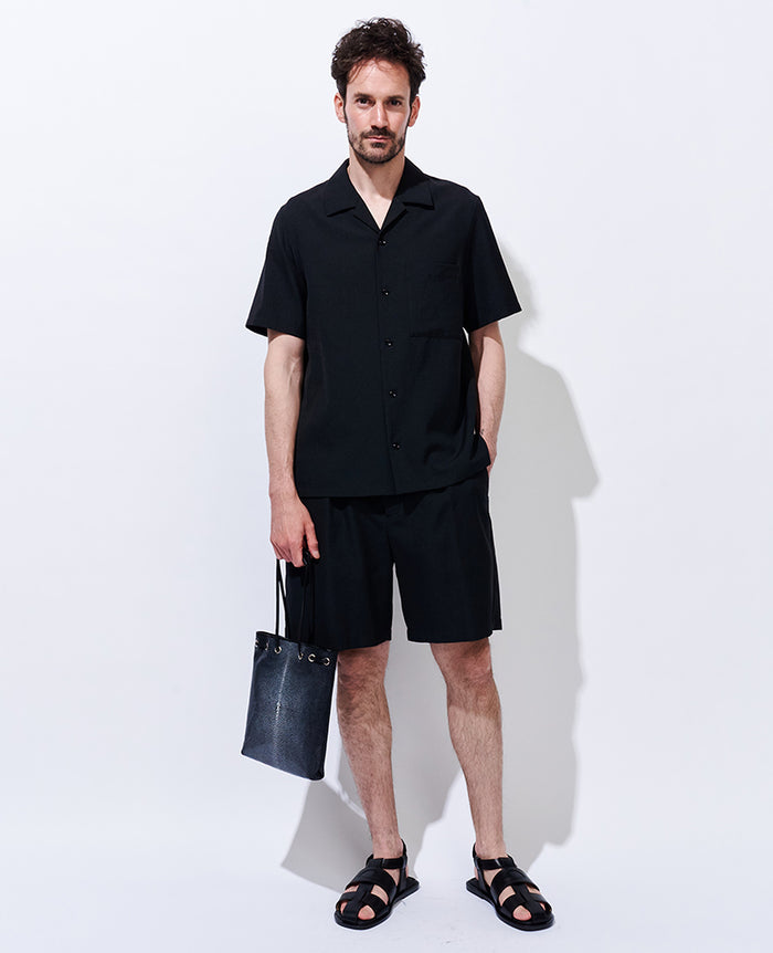 ポリエステル/コットン/リネンツイル オープンカラーシャツS/S