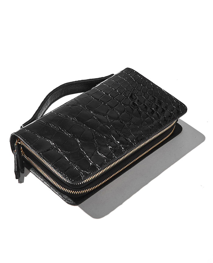 クロコダイルレザー ダブルファスナー ミニセカンドバッグ