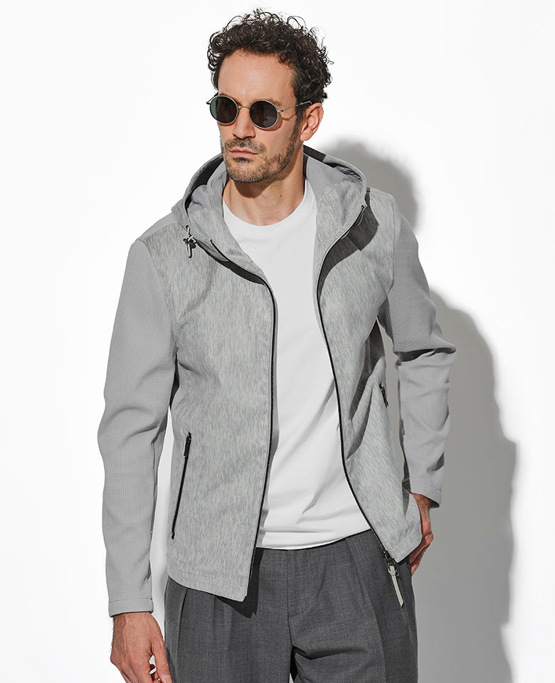 ツイードプリントポリエステルスエードパーカ