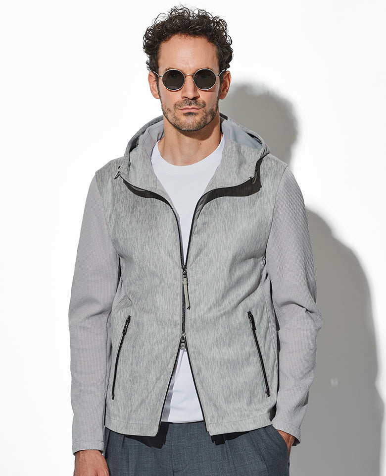 ツイードプリントポリエステルスエードパーカ