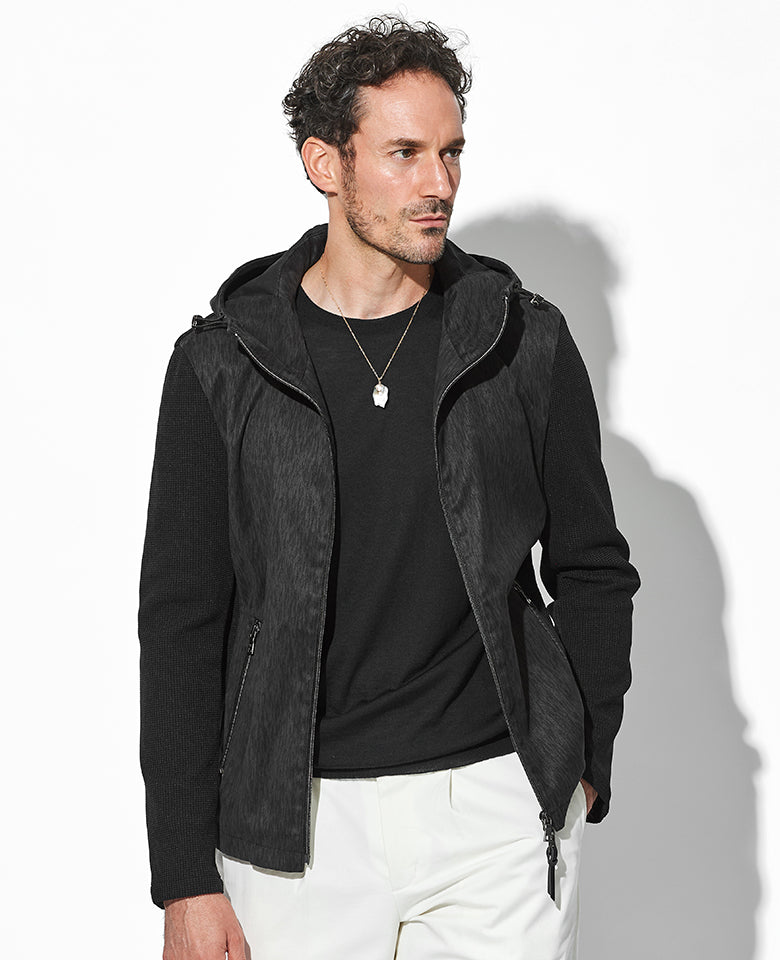 ツイードプリントポリエステルスエードパーカ