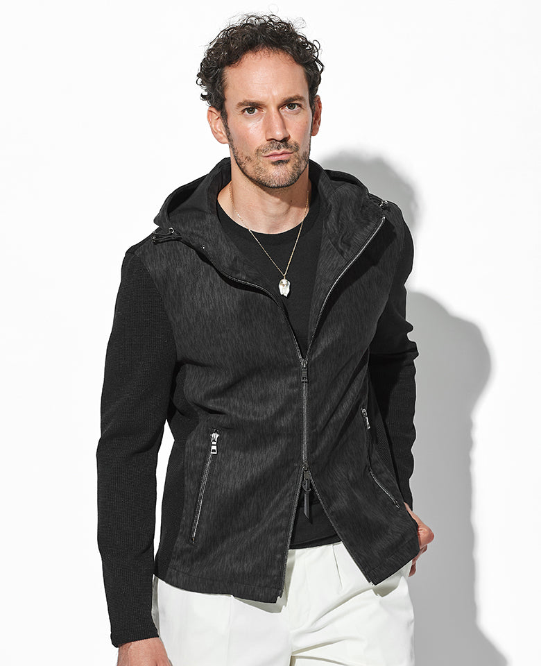 ツイードプリントポリエステルスエードパーカ