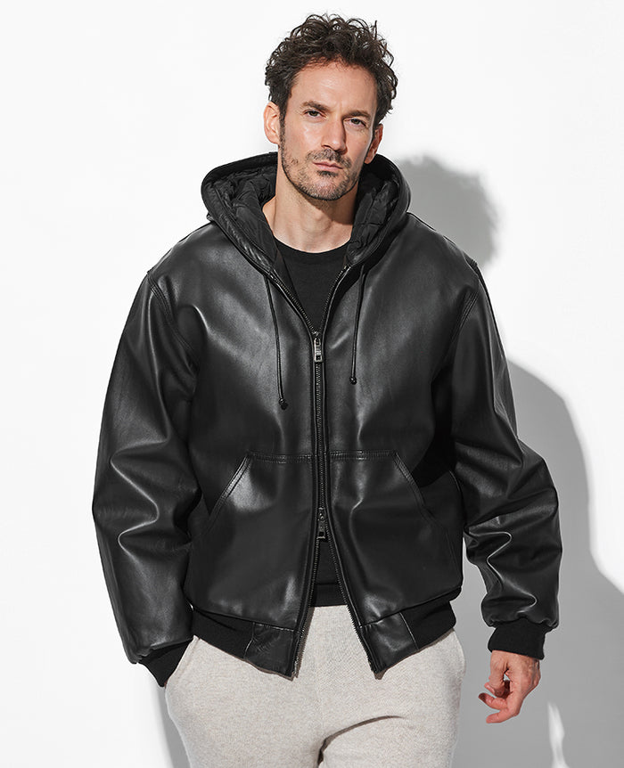 GIORGIO BRATOレザーブルゾン　ダークネイビー　size48 フーデッドレザーブルゾン – 買えるLEON