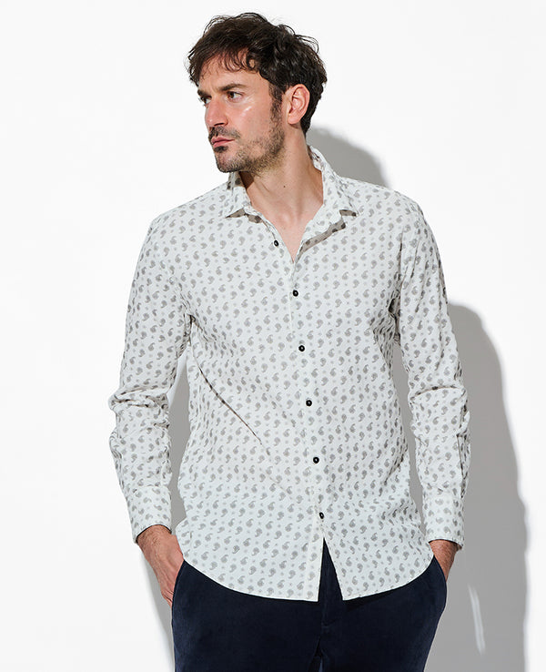 細コールペイズリープリントシャツ